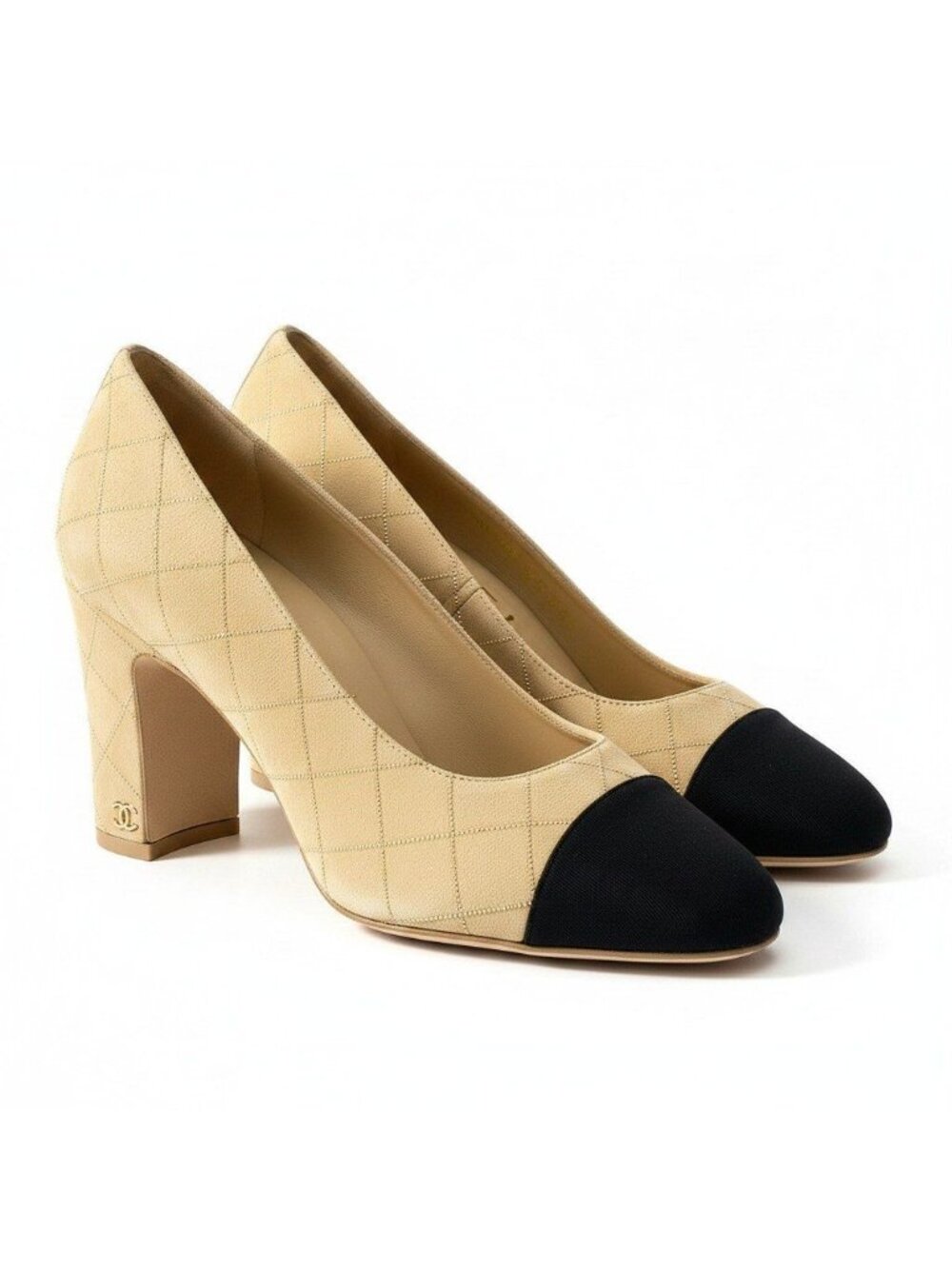 Chanel G1 Gold Rhinestone Quilted Chanki Heels Bicolor Pumps Beige 38